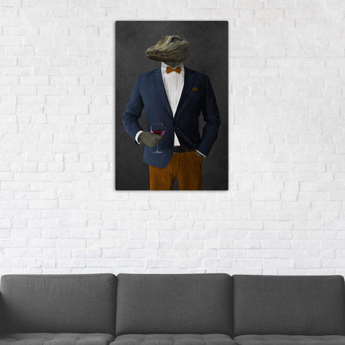 Alligator Drinking Red Wine Wall Art - Navy and Orange Suit