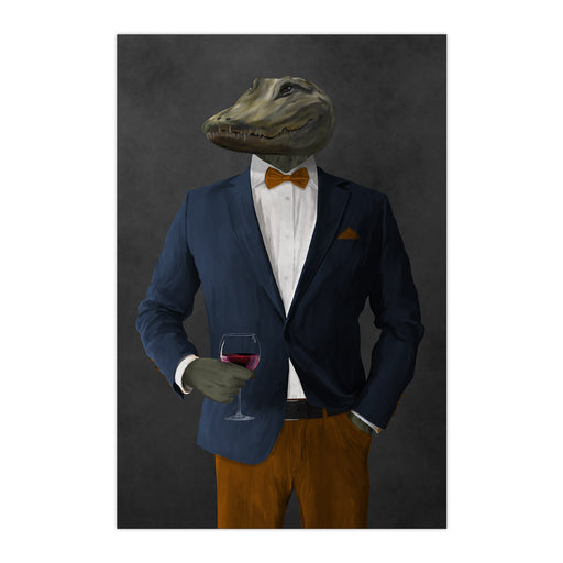 Alligator Drinking Red Wine Wall Art - Navy and Orange Suit