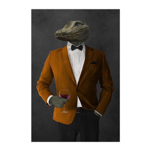 Alligator Drinking Red Wine Wall Art - Orange and Black Suit