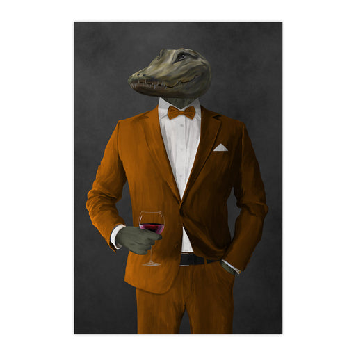 Alligator Drinking Red Wine Wall Art - Orange Suit