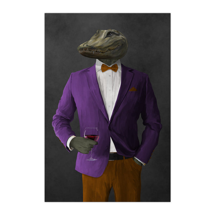 Alligator Drinking Red Wine Wall Art - Purple and Orange Suit