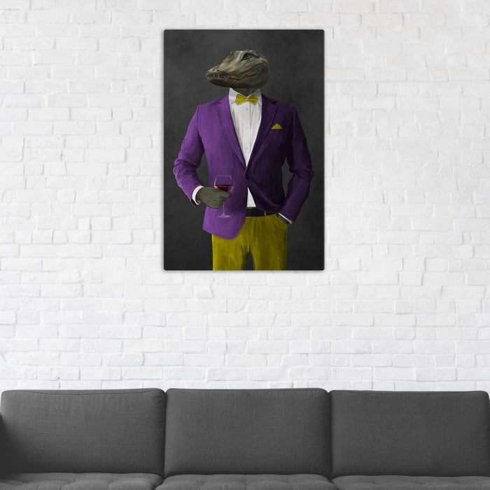 Alligator Drinking Red Wine Wall Art - Purple and Yellow Suit