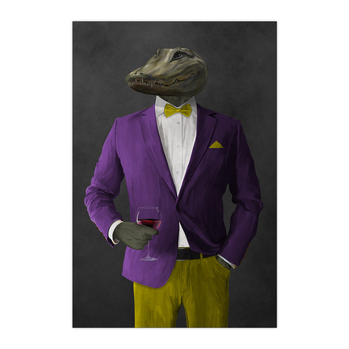 Alligator Drinking Red Wine Wall Art - Purple and Yellow Suit