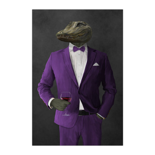 Alligator Drinking Red Wine Wall Art - Purple Suit