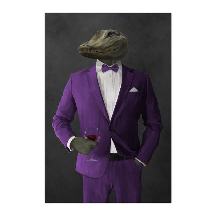 Alligator Drinking Red Wine Wall Art - Purple Suit