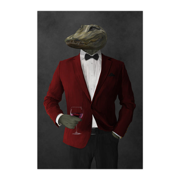 Alligator Drinking Red Wine Wall Art - Red and Black Suit