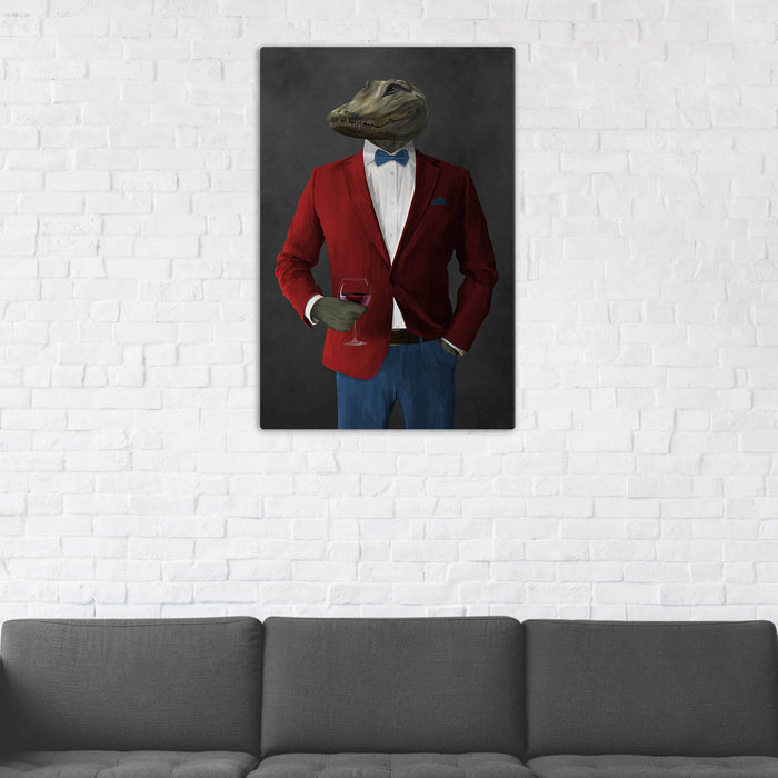 Alligator Drinking Red Wine Wall Art - Red and Blue Suit