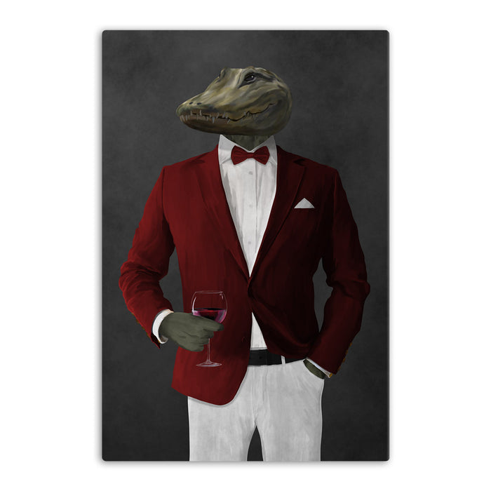 Alligator Drinking Red Wine Wall Art - Red and White Suit