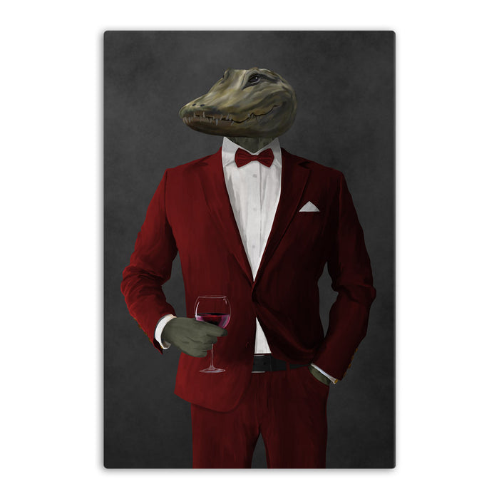 Alligator Drinking Red Wine Wall Art - Red Suit