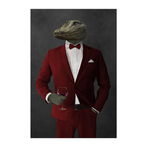 Alligator Drinking Red Wine Wall Art - Red Suit