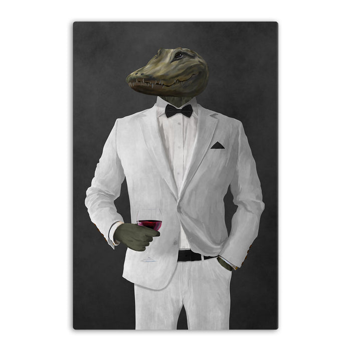 Alligator Drinking Red Wine Wall Art - White Suit