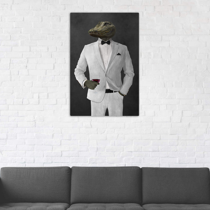 Alligator Drinking Red Wine Wall Art - White Suit