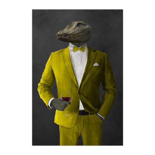 Alligator Drinking Red Wine Wall Art - Yellow Suit