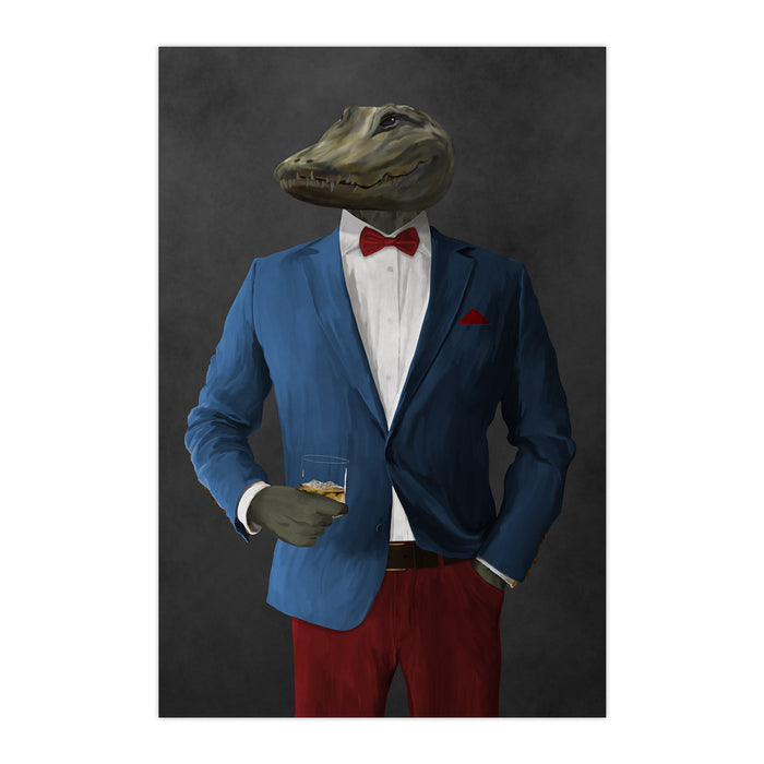 Alligator Drinking Whiskey Wall Art - Blue and Red Suit