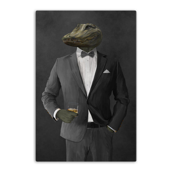 Alligator Drinking Whiskey Wall Art - Gray Suit