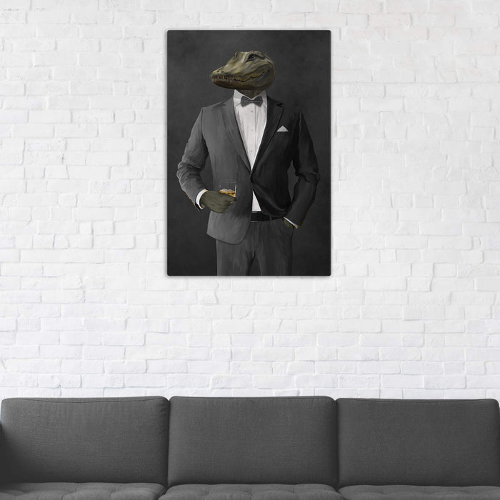 Alligator Drinking Whiskey Wall Art - Gray Suit