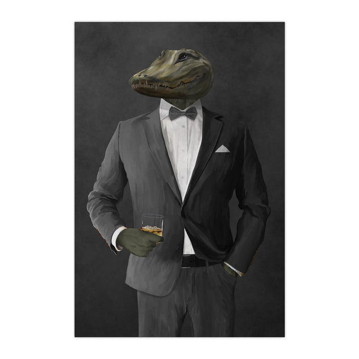 Alligator Drinking Whiskey Wall Art - Gray Suit