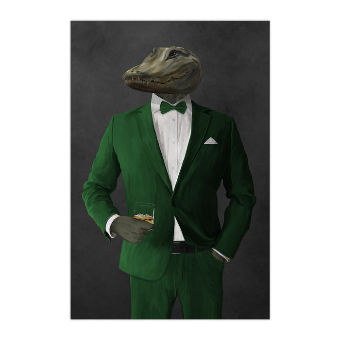 Alligator Drinking Whiskey Wall Art - Green Suit