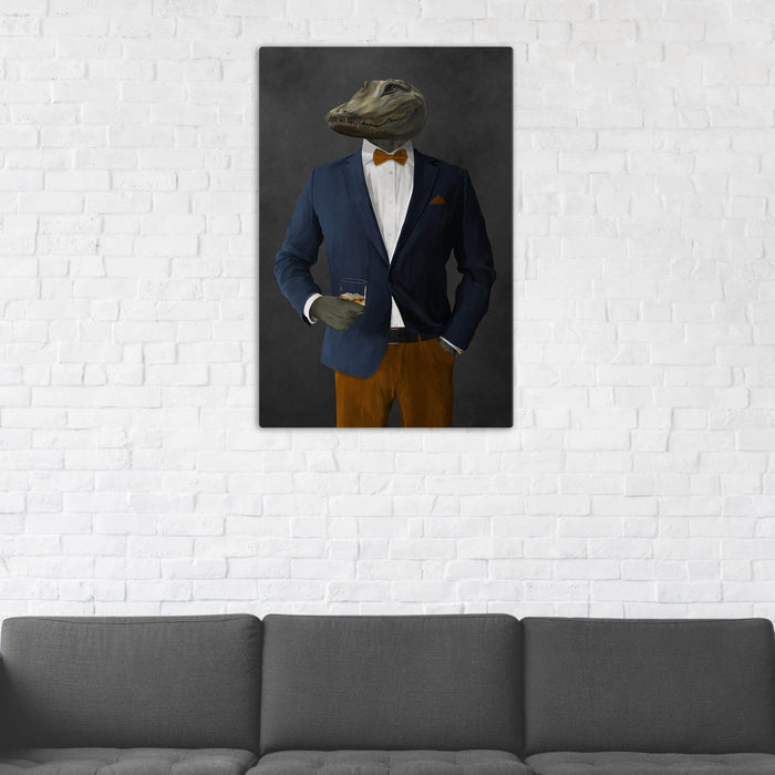 Alligator Drinking Whiskey Wall Art - Navy and Orange Suit