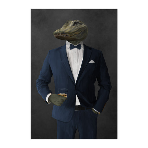 Alligator Drinking Whiskey Wall Art - Navy Suit