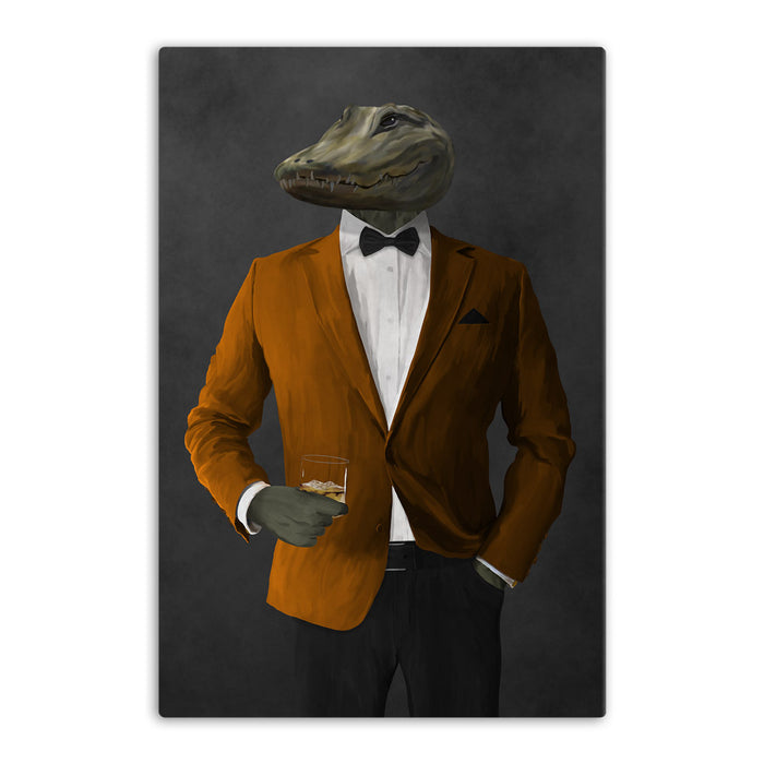 Alligator Drinking Whiskey Wall Art - Orange and Black Suit