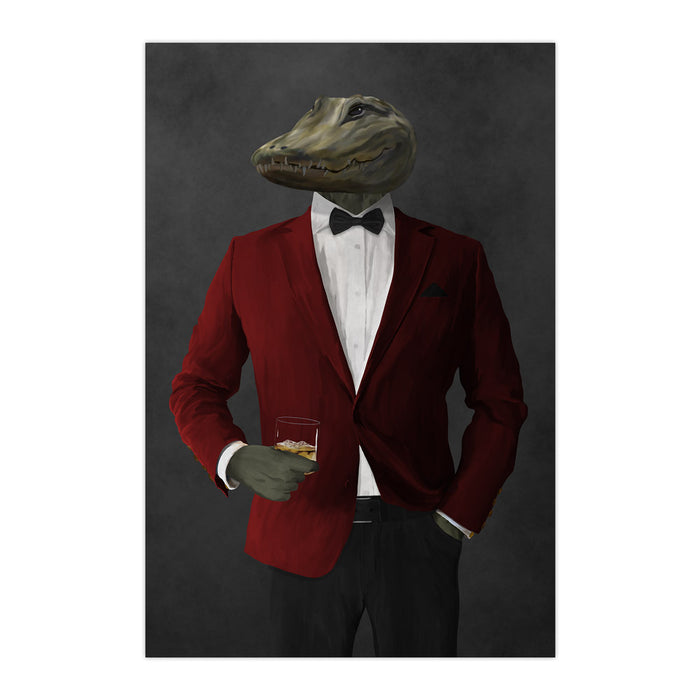 Alligator Drinking Whiskey Wall Art - Red and Black Suit