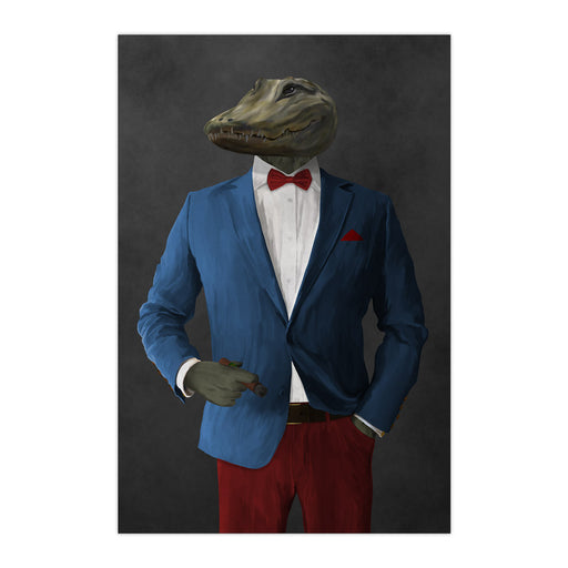 Alligator Smoking Cigar Wall Art - Blue and Red Suit