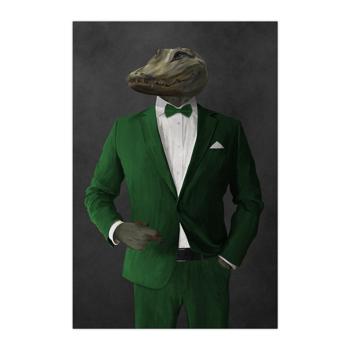 Alligator Smoking Cigar Wall Art - Green Suit