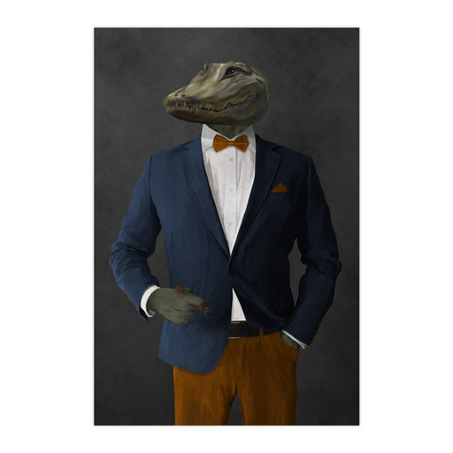 Alligator Smoking Cigar Wall Art - Navy and Orange Suit