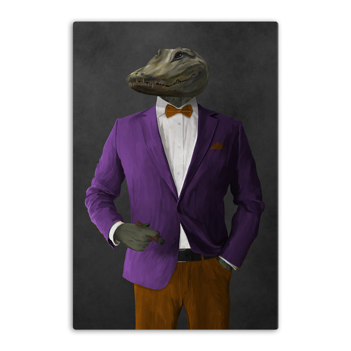 Alligator Smoking Cigar Wall Art - Purple and Orange Suit