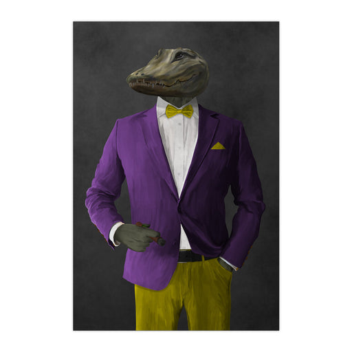 Alligator Smoking Cigar Wall Art - Purple and Yellow Suit