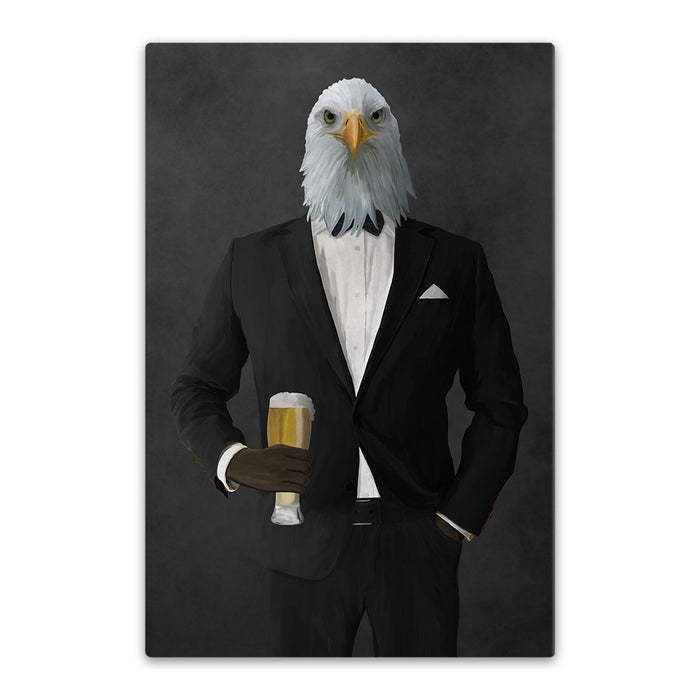 Bald eagle drinking beer wearing black suit canvas wall art