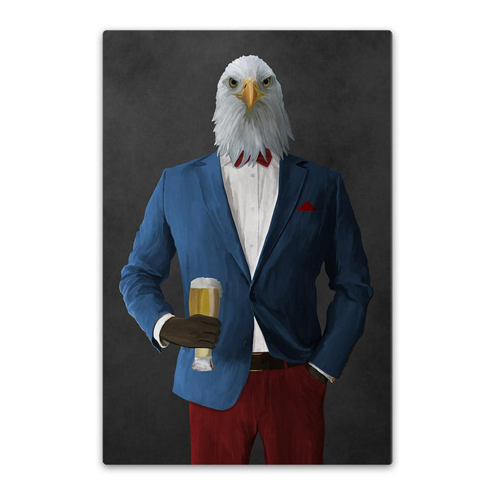 Bald eagle drinking beer wearing blue and red suit canvas wall art