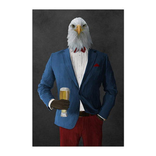 Bald eagle drinking beer wearing blue and red suit large wall art print
