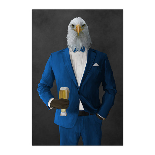 Bald eagle drinking beer wearing blue suit large wall art print