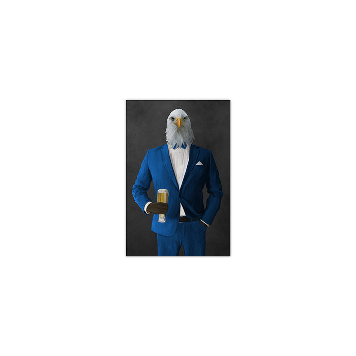 Bald eagle drinking beer wearing blue suit small wall art print