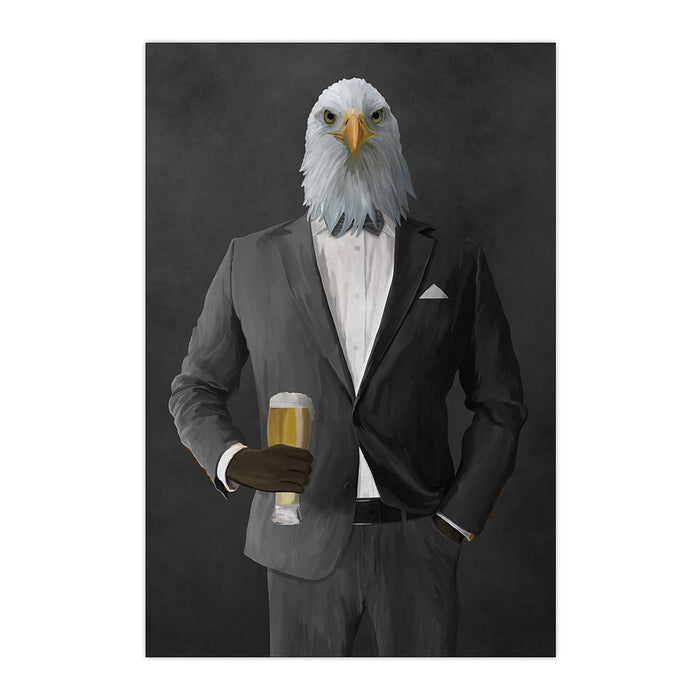 Bald eagle drinking beer wearing gray suit large wall art print
