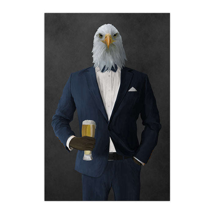 Bald eagle drinking beer wearing navy suit large wall art print