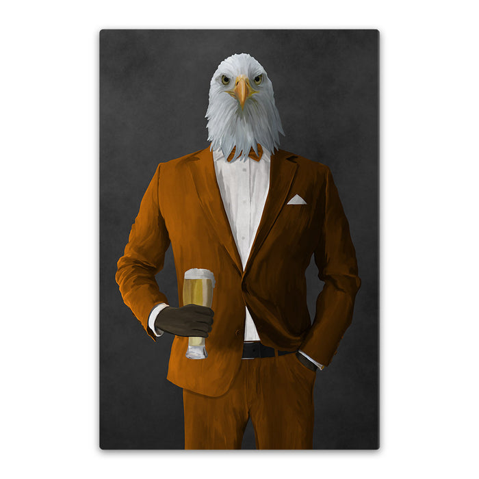 Bald eagle drinking beer wearing orange suit canvas wall art