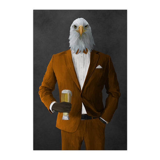 Bald eagle drinking beer wearing orange suit large wall art print