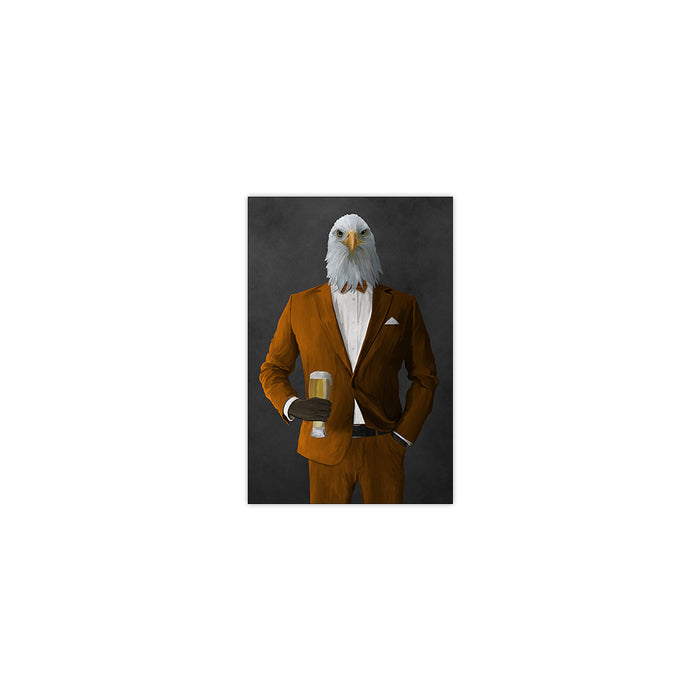 Bald eagle drinking beer wearing orange suit small wall art print