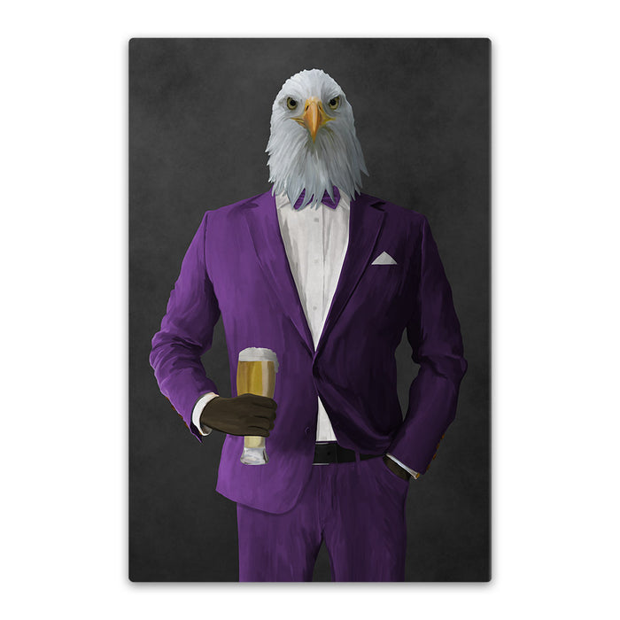 Bald eagle drinking beer wearing purple suit canvas wall art