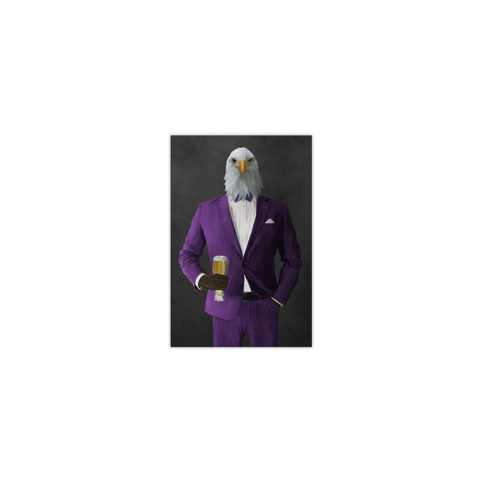Bald eagle drinking beer wearing purple suit small wall art print