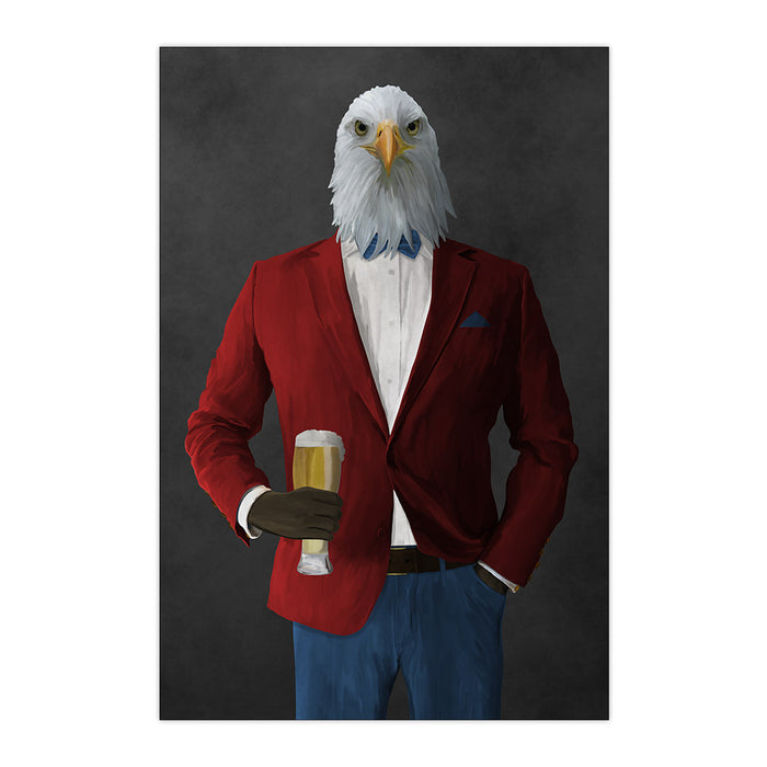 Bald eagle drinking beer wearing red and blue suit large wall art print
