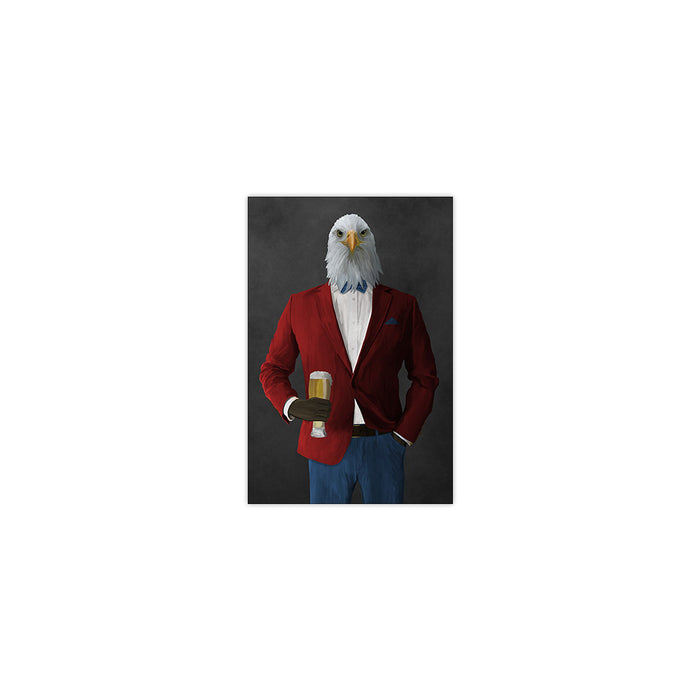 Bald eagle drinking beer wearing red and blue suit small wall art print