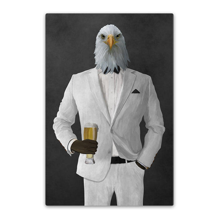 Bald eagle drinking beer wearing white suit canvas wall art