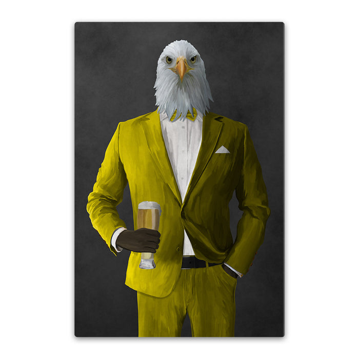 Bald eagle drinking beer wearing yellow suit canvas wall art