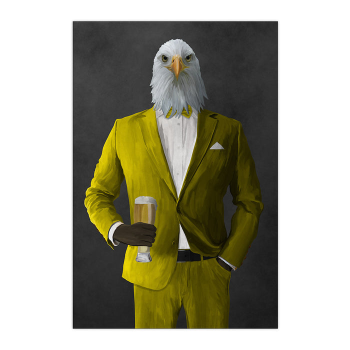 Bald eagle drinking beer wearing yellow suit large wall art print
