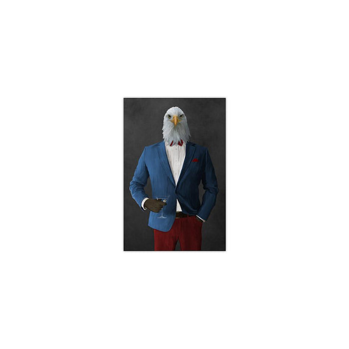 Bald eagle drinking martini wearing blue and red suit small wall art print
