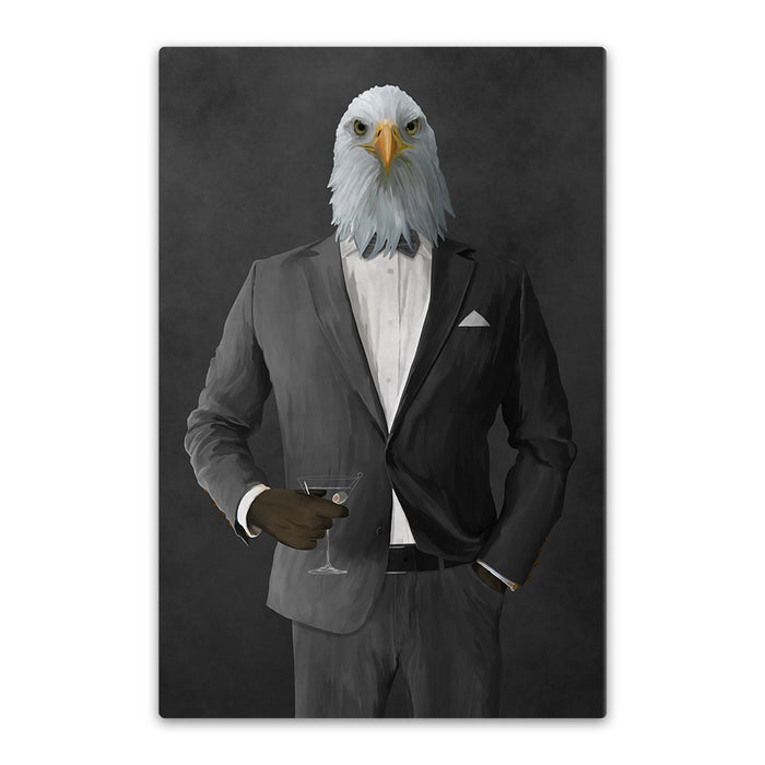 Bald eagle drinking martini wearing gray suit canvas wall art